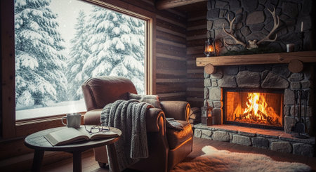 Cozy living room with fireplace, armchair, coffee cup and book on the windowsill. Winter landscape.の素材