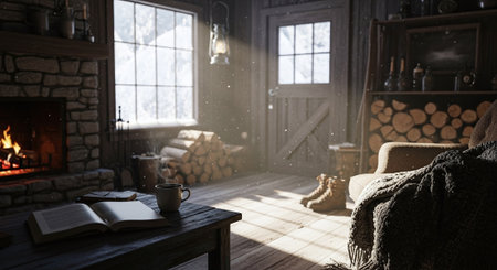 Cozy living room with fireplace, armchair, book and coffee cupの素材