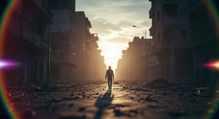 Man walking on the street at sunset. 3D Rendering.の素材