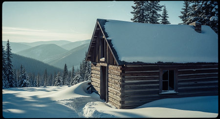 Abandoned wooden house in the Carpathian mountains. Winter landscape.の素材