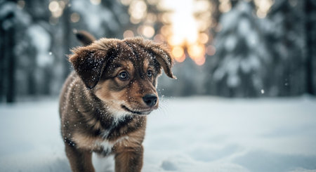Cute puppy in the snowy forest. Selective focus. Toned.の素材