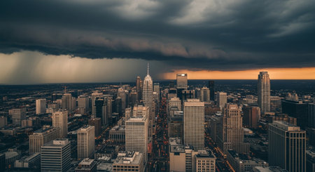 Aerial view of downtown Los Angeles, California with storm approaching.の素材