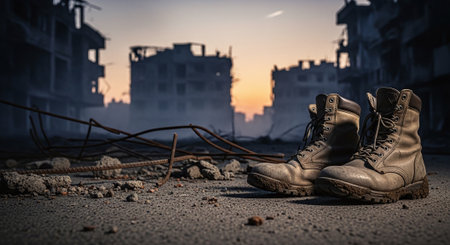 Abandoned military boots on the ground. 3d rendering.の素材