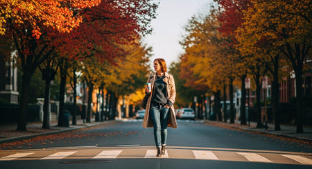 Young woman walking on the street in autumn, looking at the cameraの素材
