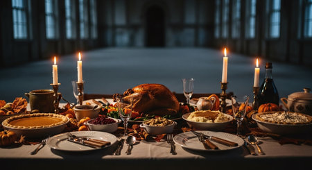 Thanksgiving dinner table with roasted turkey, traditional food and autumn decorationsの素材