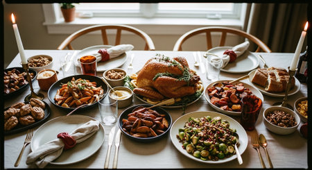 Thanksgiving day dinner table with turkey, baked apples, nuts, raisins, cranberries, kiwi, dates, candied fruit, candied fruit, roasted turkey on a plate.の素材