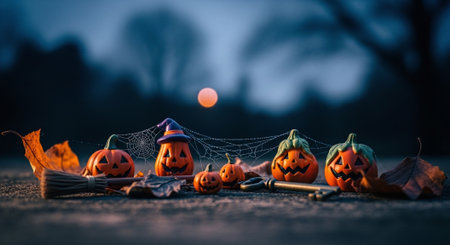 Halloween background with pumpkins, spiders and cobwebs.の素材