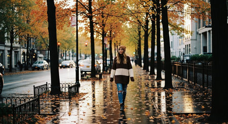Beautiful young woman walking in the rain. Autumn urban scene.の素材