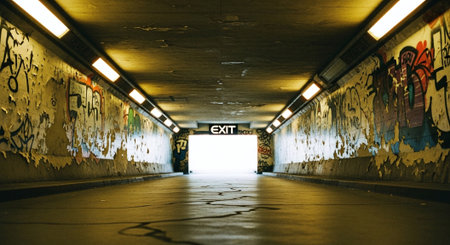 Interior of an underground passage with graffiti painted on the walls.の素材