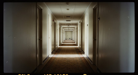 Empty Symmetrical Hotel Hallway With Dramatic Light and Shadowsの素材
