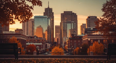 Boston, Massachusetts, USA downtown skyline at sunset with fall foliage.の素材