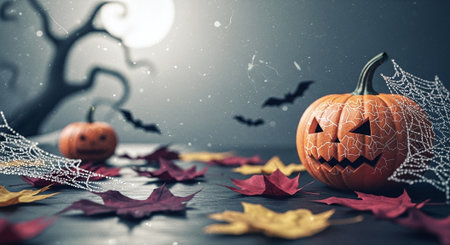 Halloween background with pumpkins, spiders and cobwebs.の素材