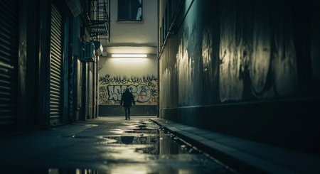 Man walking on a rainy street at night in Lisbon, Portugal.の素材