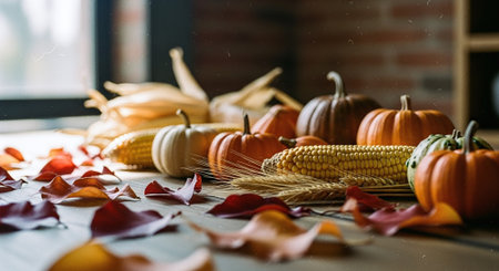 Autumn still life with pumpkins, corn and ears of cornの素材