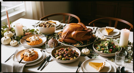 Thanksgiving table with roasted turkey and other dishes. Thanksgiving dinner.の素材