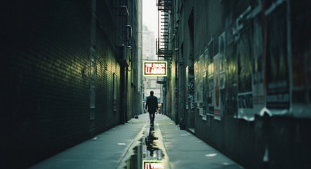 Man walking down a narrow street in New York City, USA.の素材