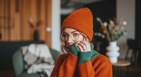 Portrait of a beautiful young woman in a warm sweater and a hat.の素材