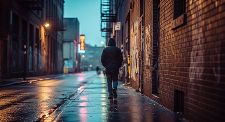 A young man is running on a rainy day in the city.の素材