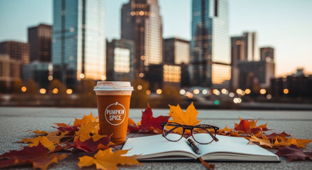 A cup of coffee with a note book and glasses.の素材