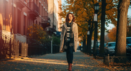 Young beautiful woman walking in the city at sunset. Autumn fashion.の素材