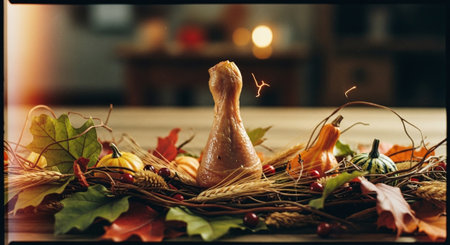 Autumn decoration with pumpkins, berries and leaves on wooden tableの素材