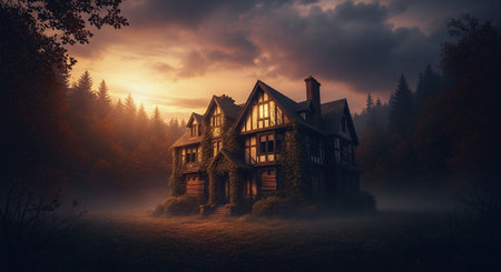 Foggy Ivy-Covered Tudor House at Sunset in Dark Forestの素材