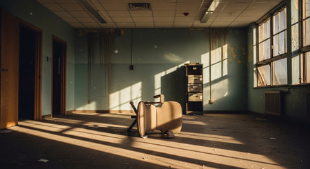 Abandoned room in an old hospital with a chair in the foregroundの素材