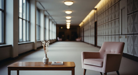 Interior of a modern hotel lobby with a pink armchair and a bookの素材