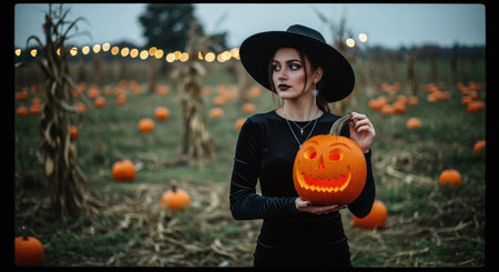 Beautiful young girl in black dress and hat with pumpkin on Halloweenの素材