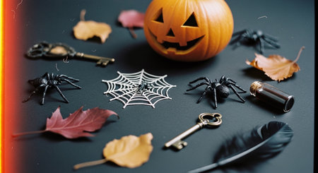Halloween decoration on black background with copy space for your text.の素材
