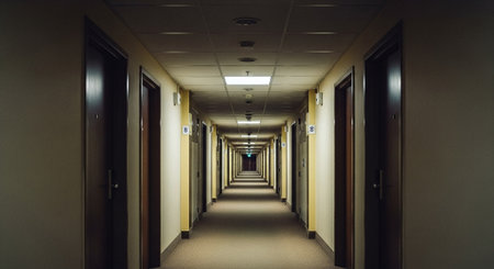 Empty Hotel Hallway with Closed Doors and Overhead Lightingの素材