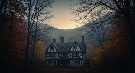 Old house in the autumn forest. 3d render. Illustration.の素材