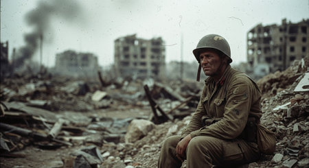 Image of soldier in military uniform sitting on ruins of building. War concept.の素材