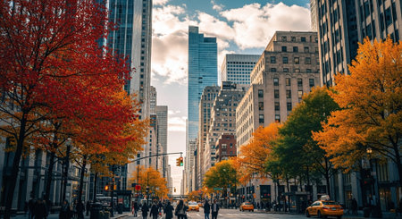 Manhattan street view with skyscrapers and colorful fall foliage.の素材