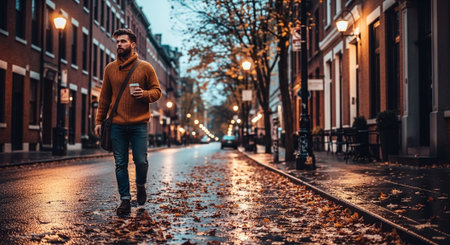 Handsome young man with cup of coffee walking in the city at night.の素材
