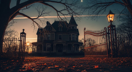 Old haunted house in the autumn forest at sunset. Halloween background.の素材