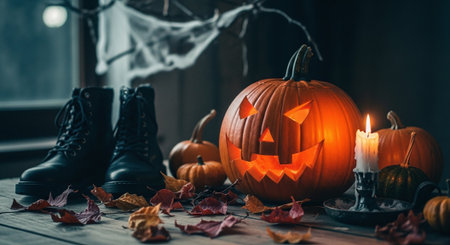 Halloween pumpkin lantern, boots, candles and leaves on wooden backgroundの素材