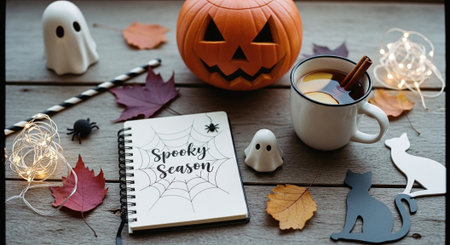 Halloween background with pumpkin, candy, cup of tea and note book.の素材