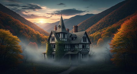 Autumn landscape with old house and fog in the mountains. 3d renderの素材