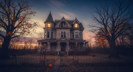 Old abandoned house in the autumn forest at sunset. Halloween theme.の素材