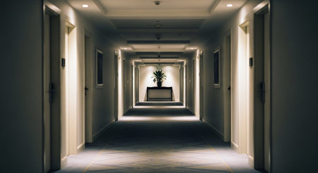 Modern Hotel Hallway with Symmetrical Lighting and Central Plantの素材