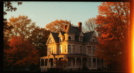 Vintage photo of beautiful old house in the park at sunset.の素材