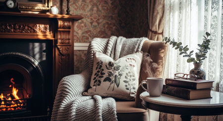 Cozy living room interior with fireplace, coffee cup, book and plaid. Vintage style.の素材