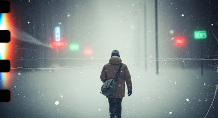 Digital composite of Rear view of man walking in snowfall with traffic lightsの素材
