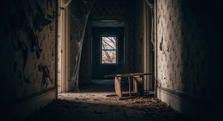 Abandoned halloween interior with old wooden table and chairの素材