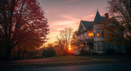 Sunset in the park with a beautiful old house in the fallの素材