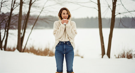 Beautiful girl in a white sweater and blue jeans in the winter forest.の素材
