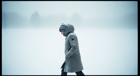 A young man in a gray coat and a knitted hat walks along the frozen lake.の素材