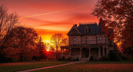 Beautiful sunset over a historic home in the fall, Washington DC.の素材