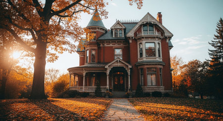 Beautiful old house in the autumn park with fallen leaves on the groundの素材